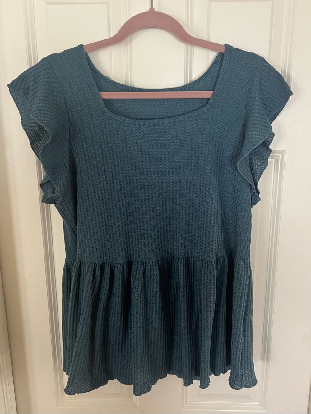 SHEIN Teal Waffle Knit Ruffle Sleeve Peplum Top